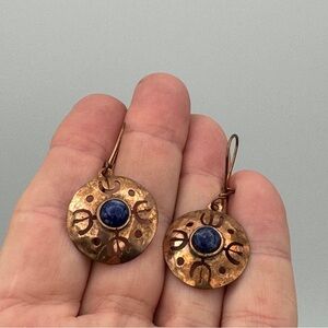 Vintage Chile Copper Blue Stone Dangle Earrings 1.75” Artisan Tribal